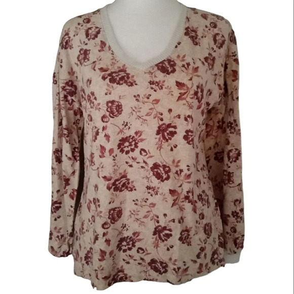 C&C California Floral V Neck Long Sleeve Soft Jersey Rib Knit Trim Size Medium - Picture 2 of 8